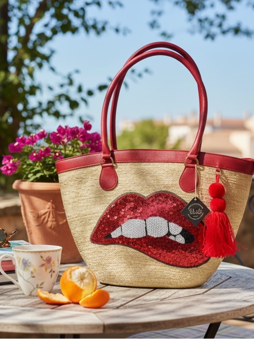 Red Lip Sequin Straw Shoulder Bag with Tassel